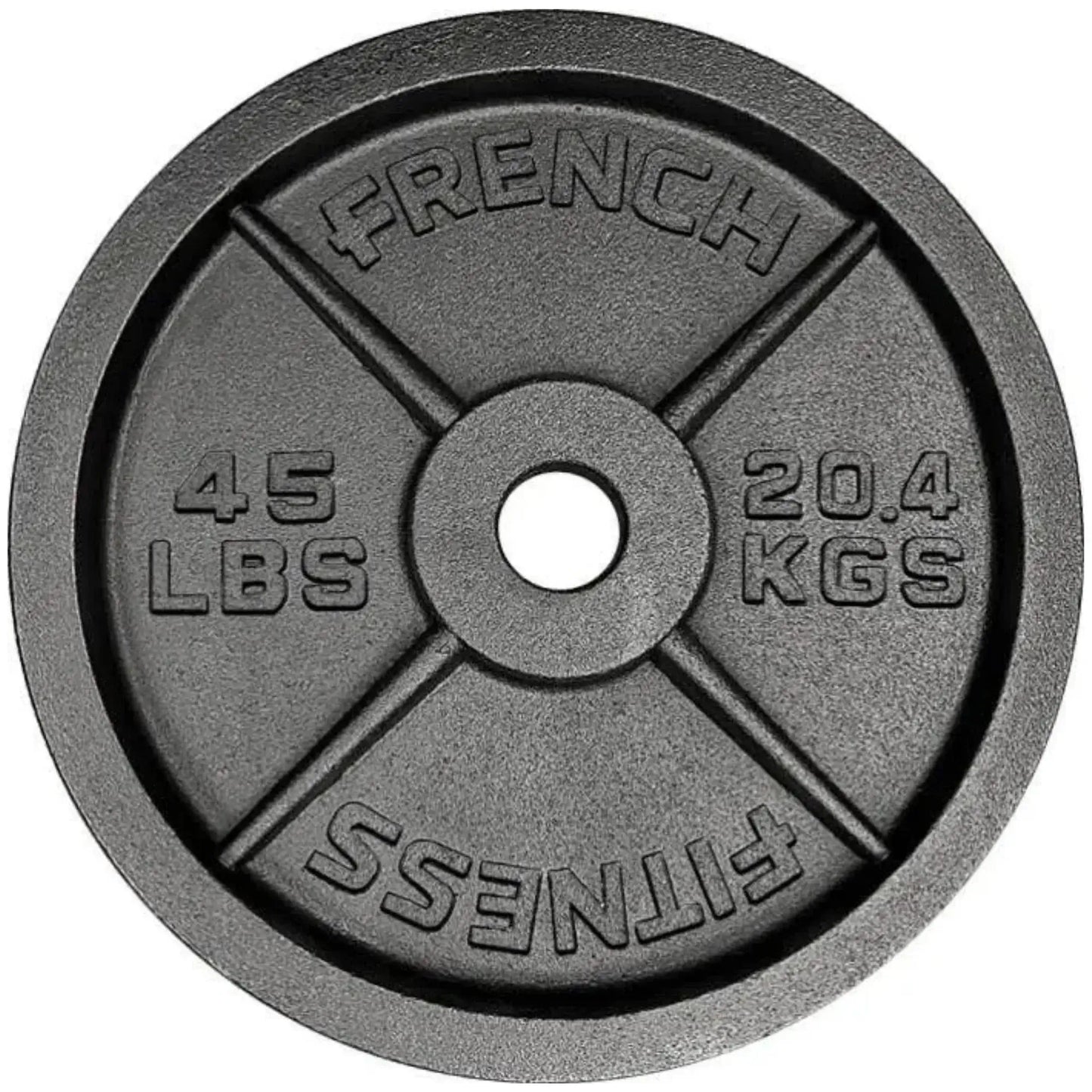 French Fitness - Cast Iron Olympic Weight Plate V1 Set w/7 ft Olympic Bar 305 lbs (New) - Side View