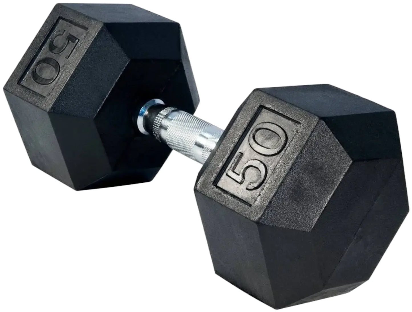 French Fitness Rubber Coated Hex Dumbbell Set 5-50 lbs - 50 lb Single Angled View