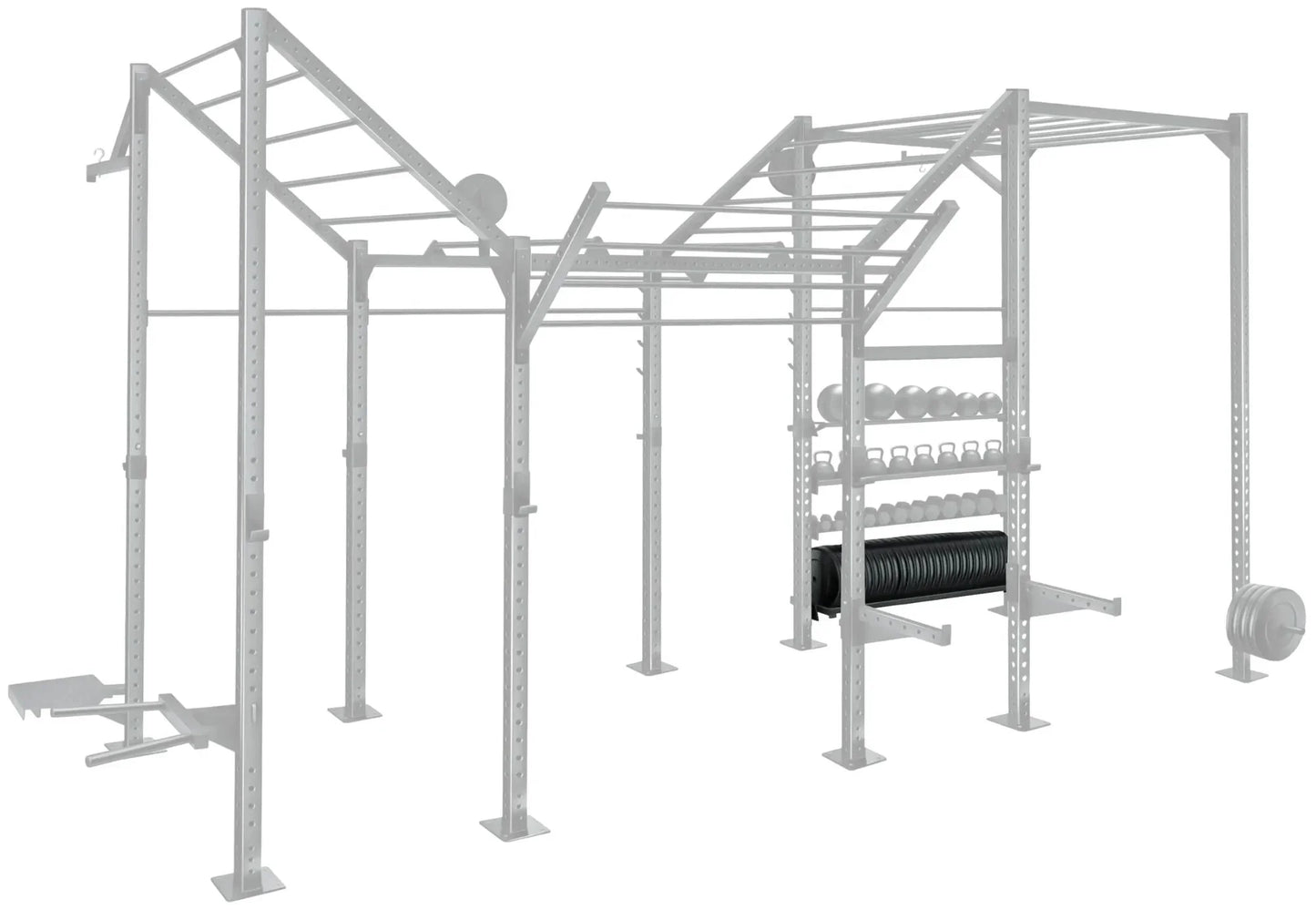 French Fitness - 71" Rack & Rig Bumper Plate Tier/Tray Attachment (New) - Angled View
