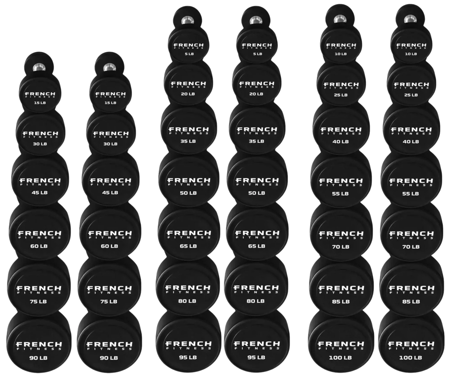 French Fitness Urethane Round Pro Style Dumbbell V2 Set, 5-100 lbs (New) Image