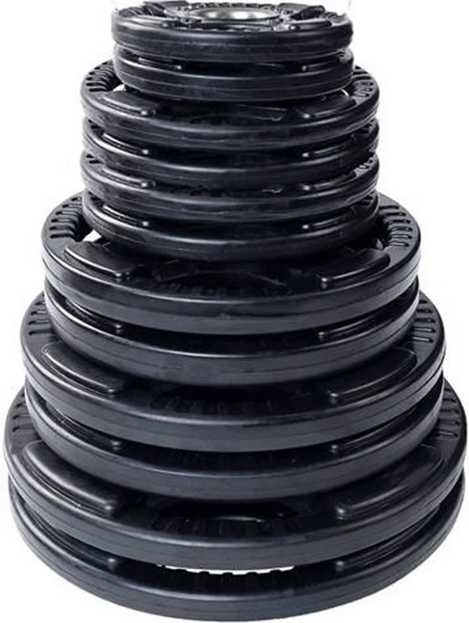 French Fitness Rubber Grip Weight Plate Set w/7 ft Bar 305 lbs + Rack + Bench (New) Image 5