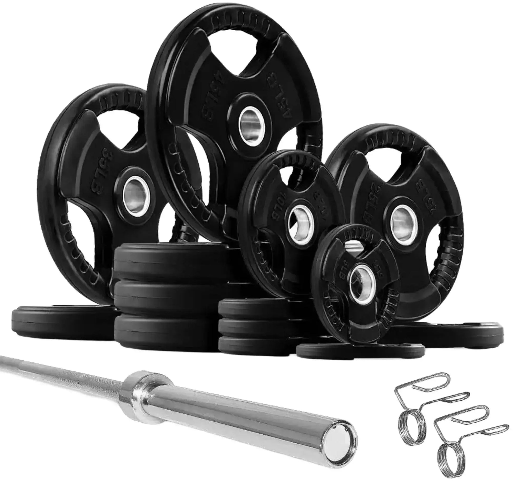 French Fitness Rubber Grip Weight Plate Set w/7 ft Bar 395 lbs + Rack + Bench (New) Image 6