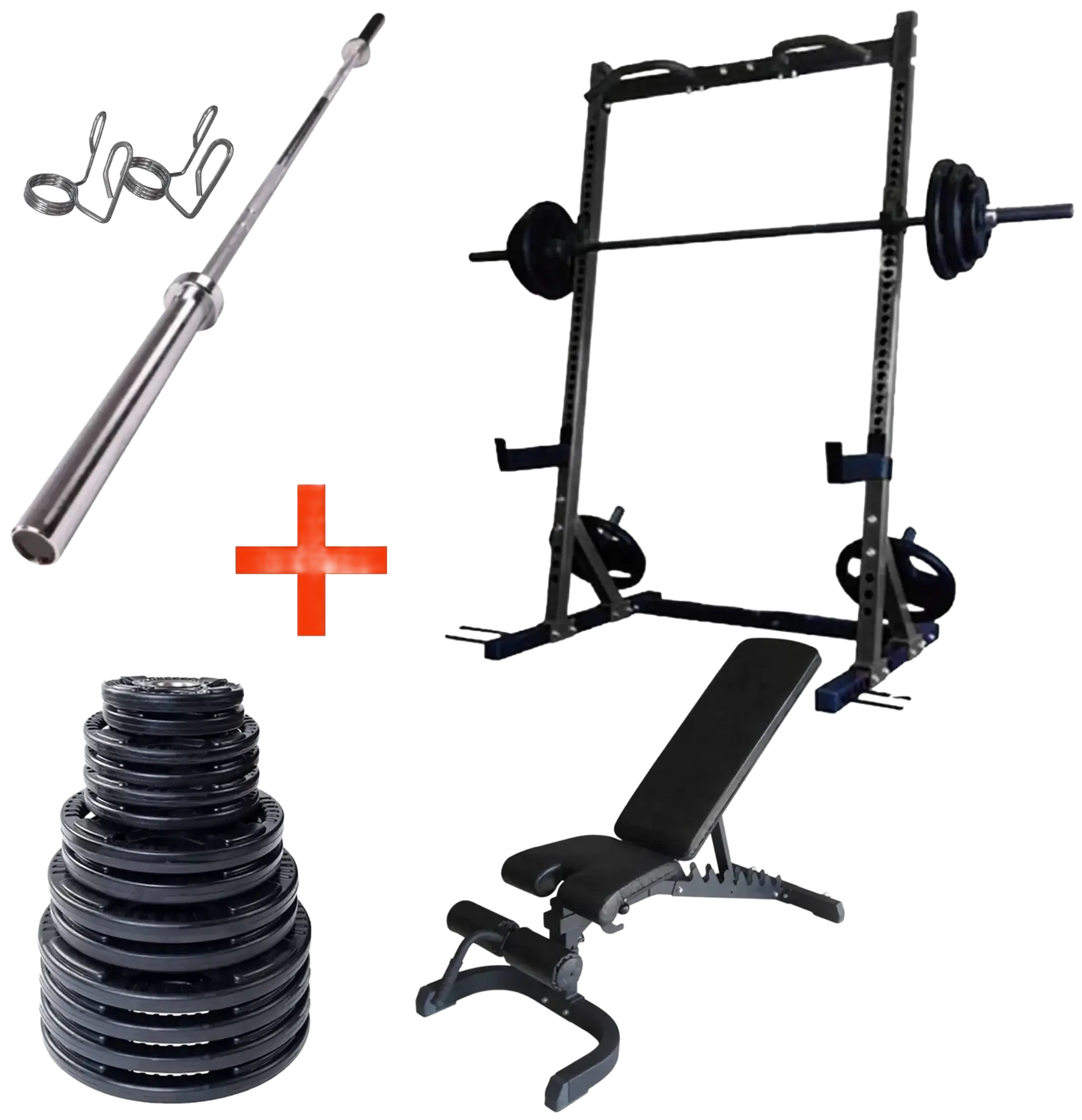 French Fitness Rubber Grip Weight Plate Set w/7 ft Bar 395 lbs + Rack + Bench (New) Image