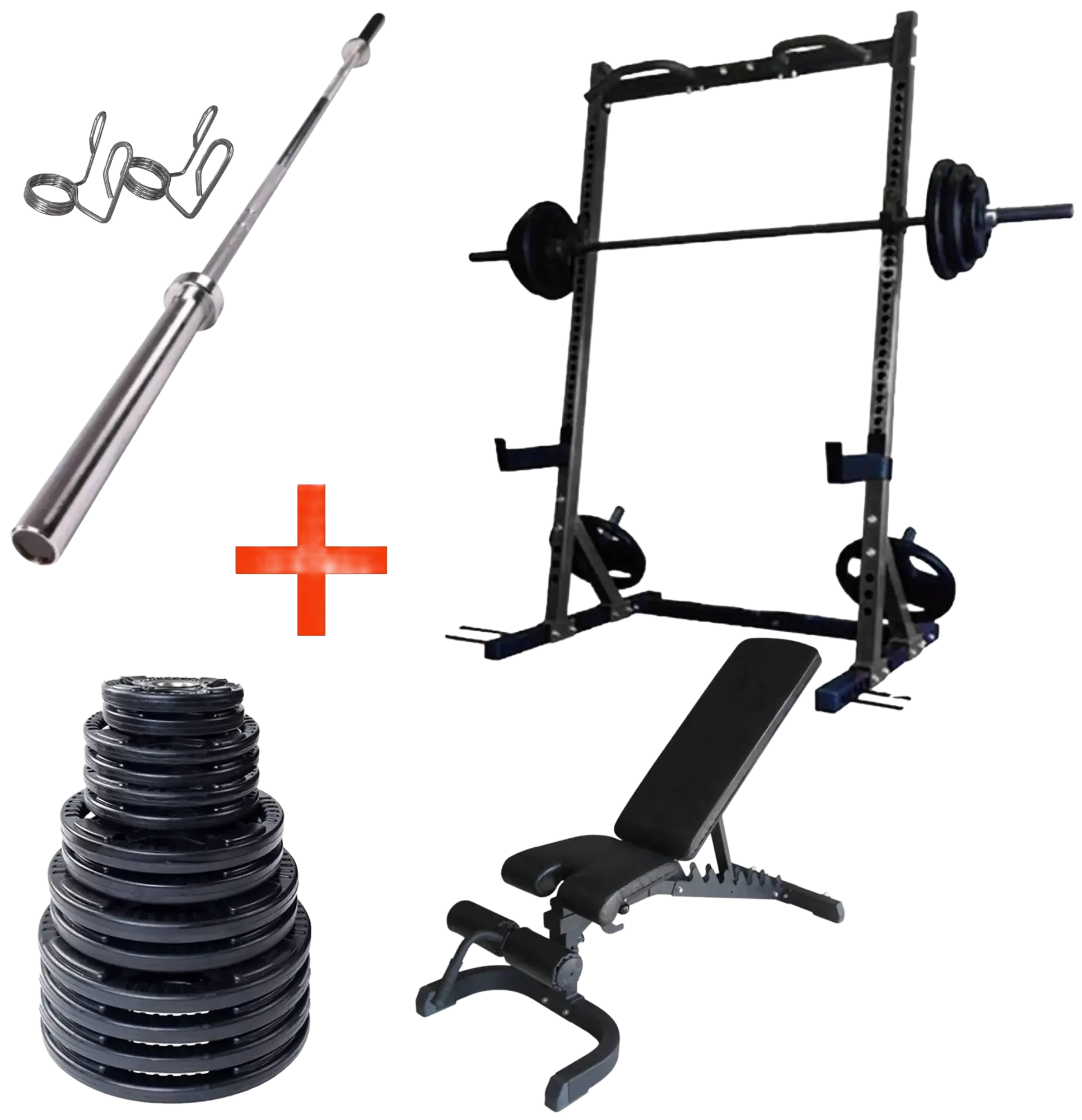 French Fitness Rubber Grip Weight Plate Set w/7 ft Bar 395 lbs + Rack + Bench (New) Image