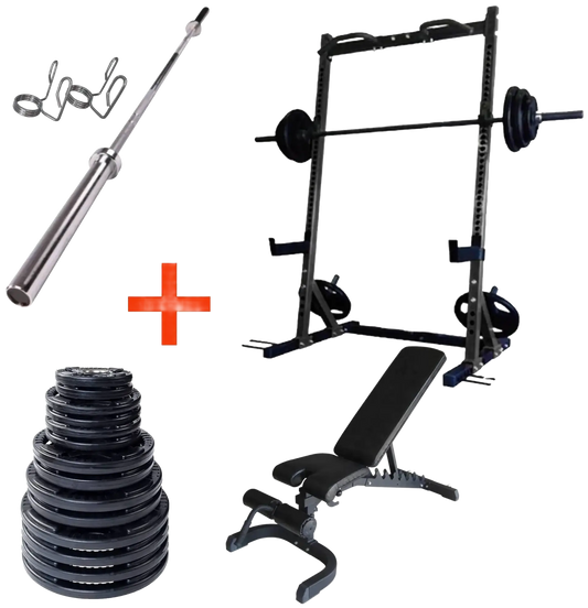 French Fitness Rubber Grip Weight Plate Set w/7 ft Bar 395 lbs + Rack + Bench (New) Image