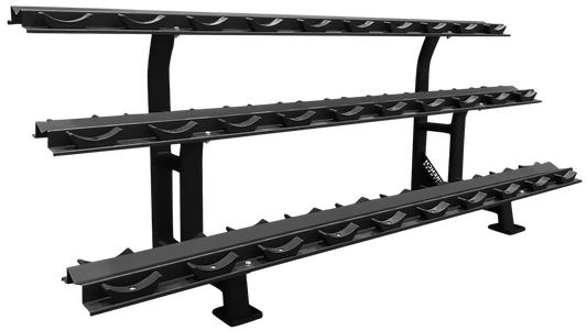 French Fitness 3 Tier Saddle 15 Pair Dumbbell Rack V2 Angled View