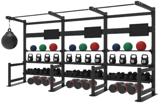 French Fitness 4 Tier Storage Squat Rack Pull Up - 3 Sections 157" (New) - Front View