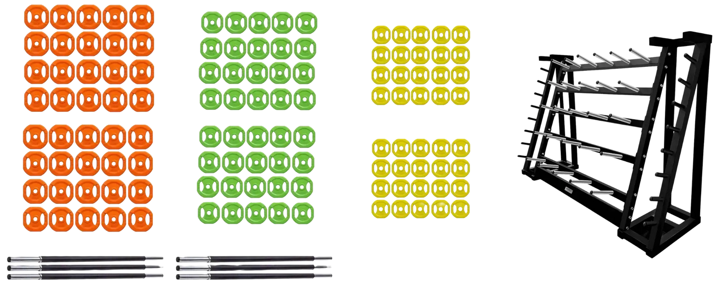 French Fitness - 20 Set Aerobic Bar & Plate Package w/Rack (New) - Front View