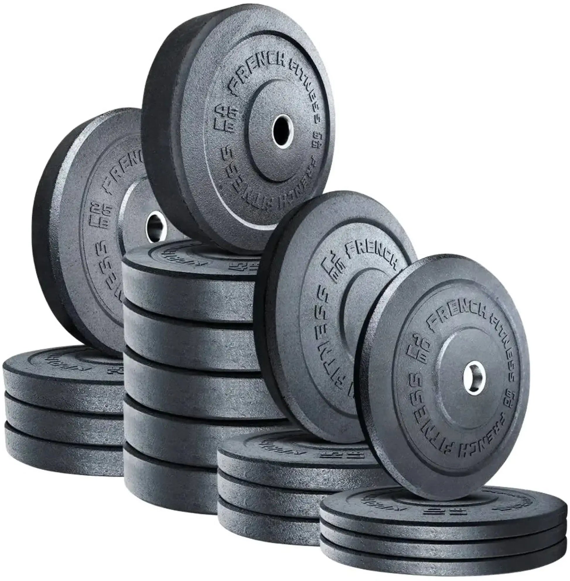 French Fitness Olympic Bumper Plates Set w/7 ft Olympic Bar 515 lbs - Crumb Rubber (New) Image 2