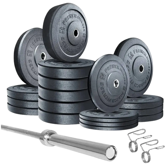 French Fitness Olympic Bumper Plates Set w/7 ft Olympic Bar 515 lbs - Crumb Rubber (New) Image