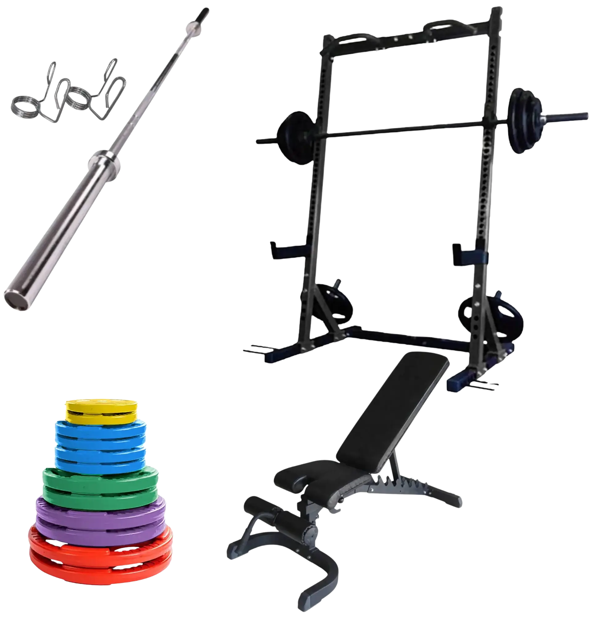 French Fitness Colored Rubber Grip Weight Plate Set w/7 ft Bar 305 lbs + Rack + Bench (New) Image