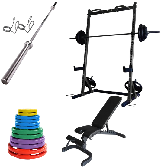 French Fitness Colored Rubber Grip Weight Plate Set w/7 ft Bar 305 lbs + Rack + Bench (New) Image