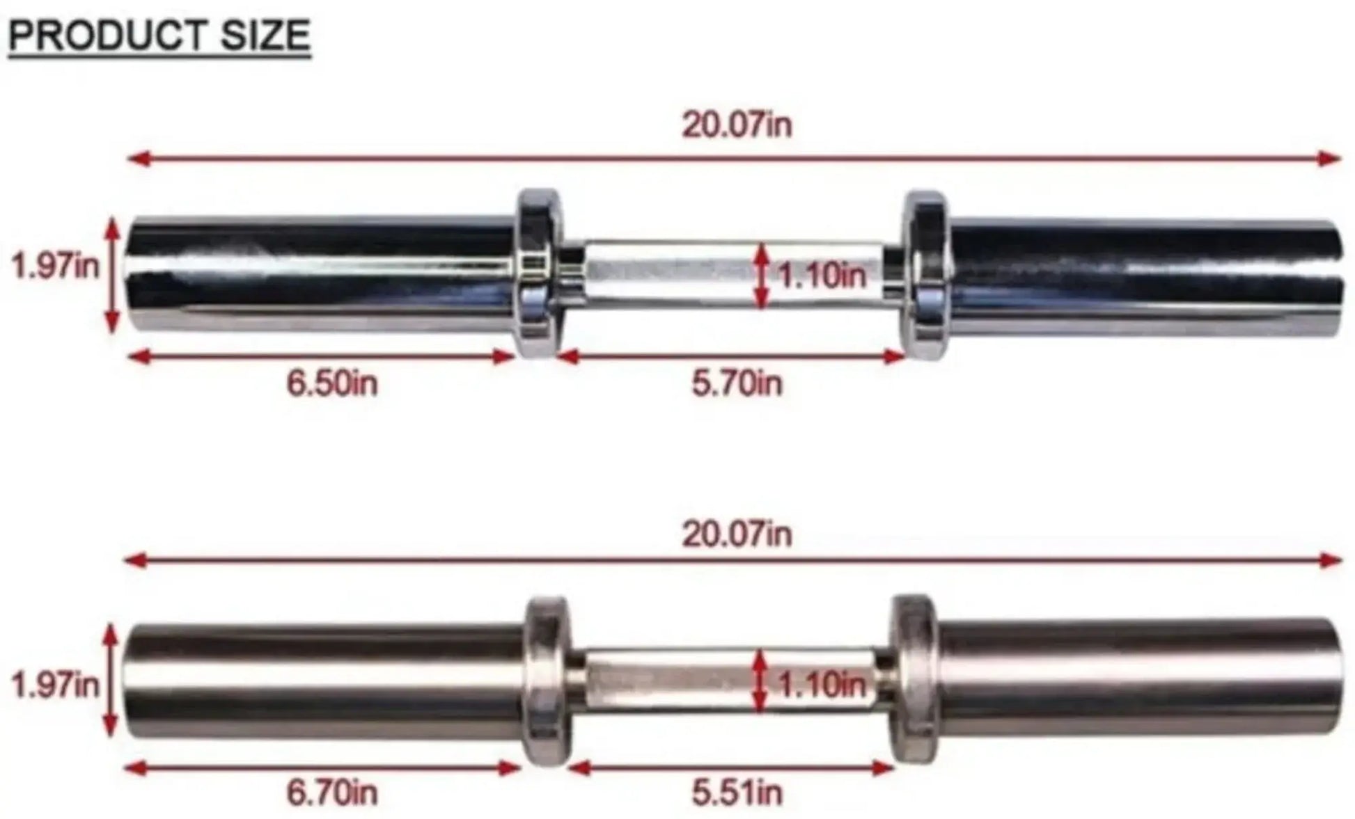 French Fitness - 2" Olympic Chrome Dumbbell Handles - Set of 2 (New) - Front View