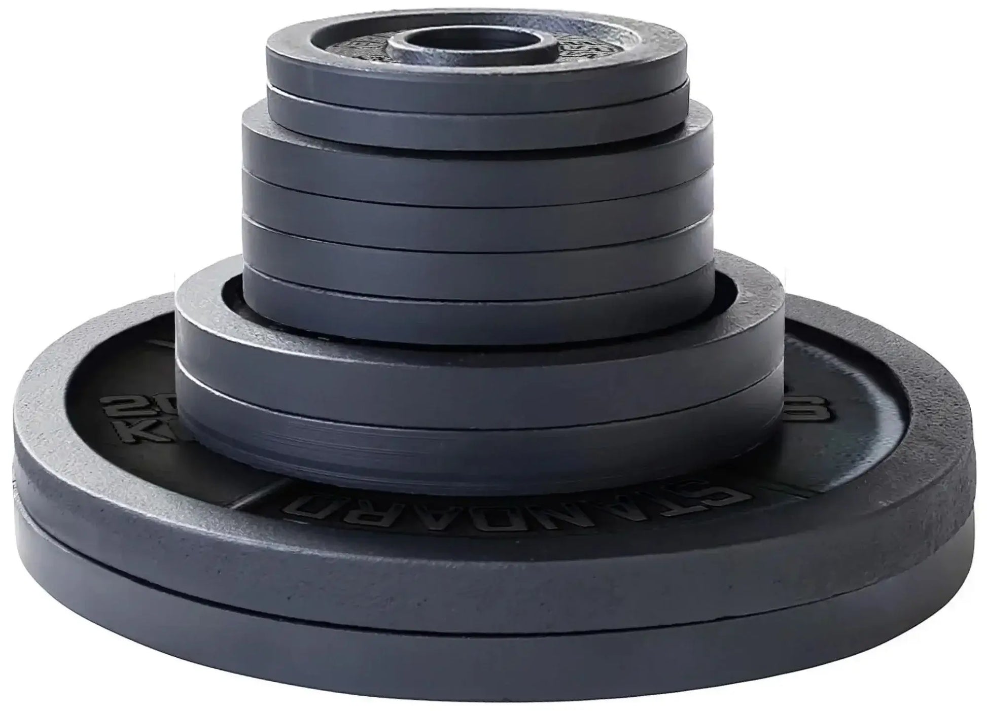 French Fitness - Cast Iron Olympic Weight Plate V1 Set w/7 ft Olympic Bar 235 lbs (New) - Front View
