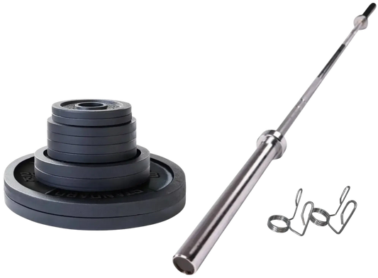 French Fitness - Cast Iron Olympic Weight Plate V1 Set w/7 ft Olympic Bar 235 lbs (New) - Front View