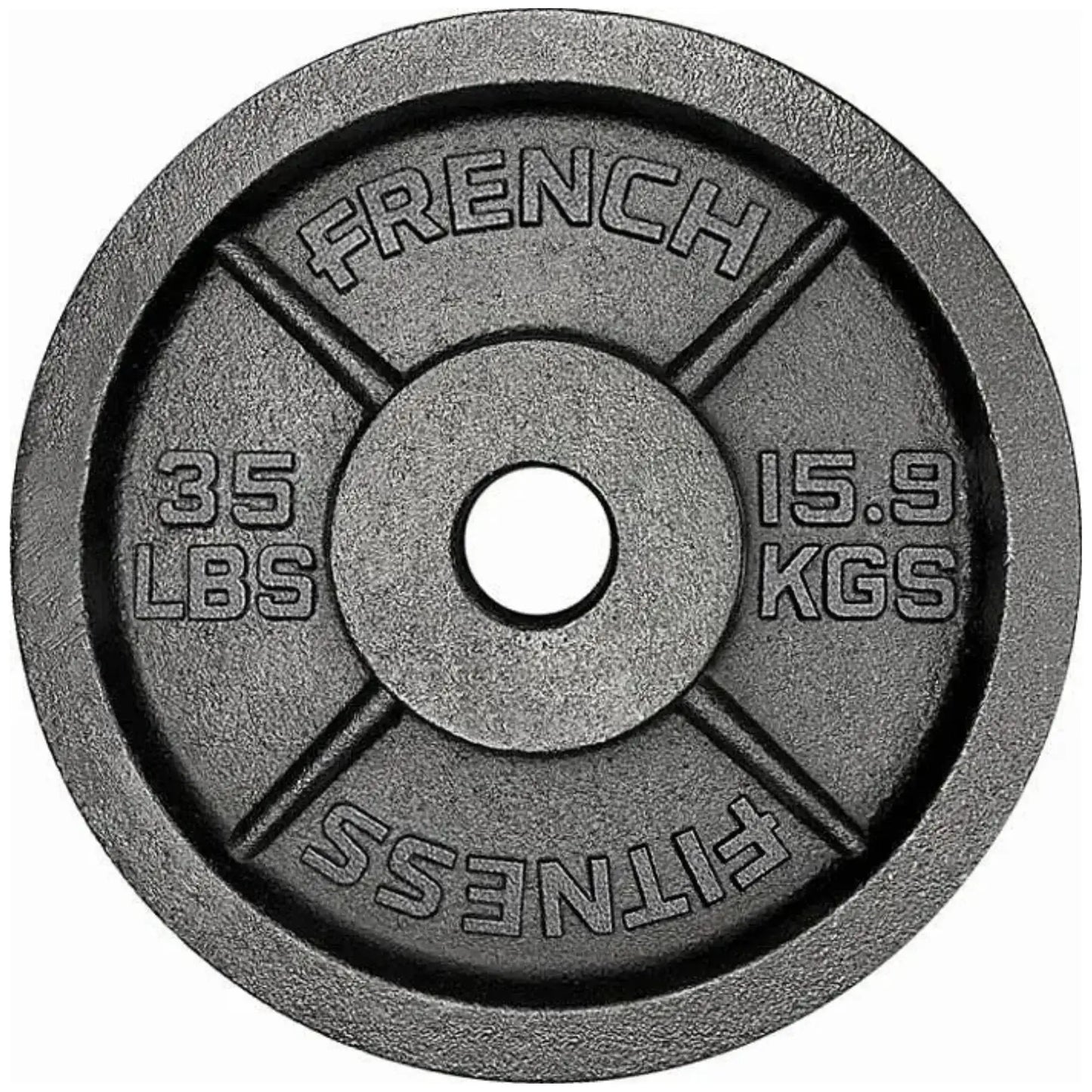 French Fitness - Cast Iron Olympic Weight Plate V1 Set w/7 ft Olympic Bar 305 lbs (New) - Side View