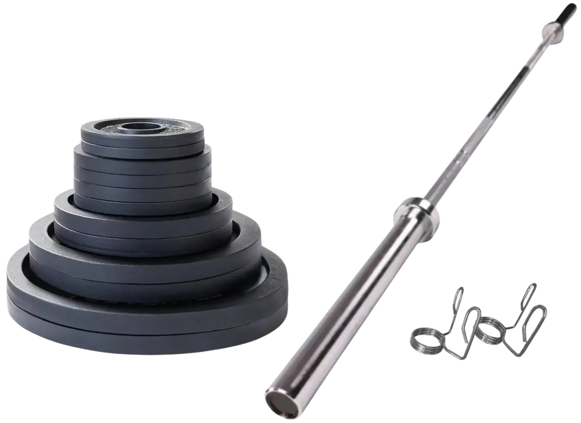 French Fitness - Cast Iron Olympic Weight Plate V1 Set w/7 ft Olympic Bar 305 lbs (New) - Front View