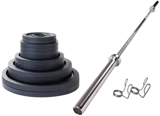 French Fitness - Cast Iron Olympic Weight Plate V1 Set w/7 ft Olympic Bar 305 lbs (New) - Front View