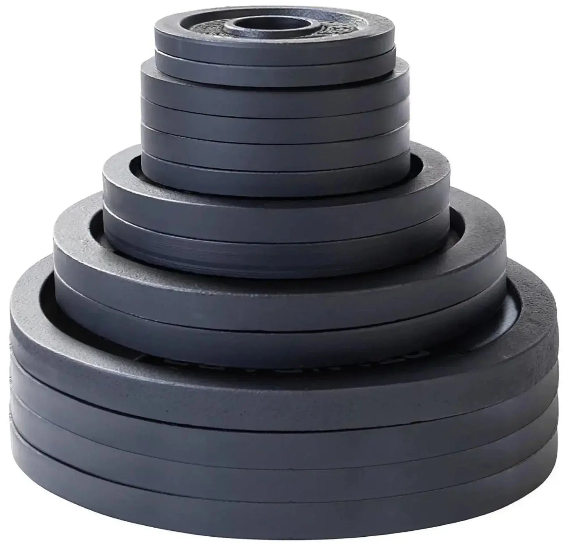 French Fitness - Cast Iron Olympic Weight Plate V1 Set w/7 ft Olympic Bar 395 lbs (New) - Front View