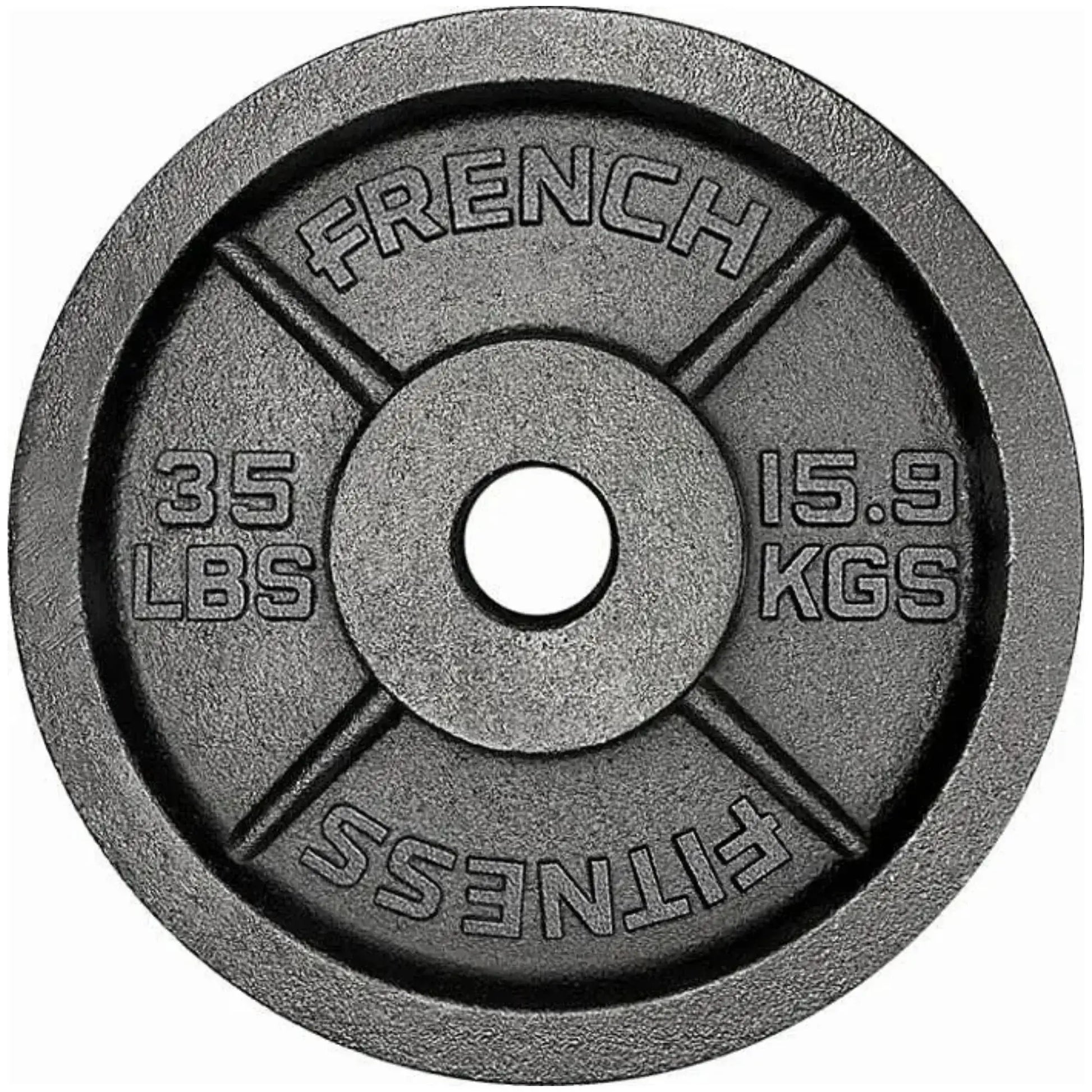 French Fitness - Cast Iron Olympic Weight Plate V1 Set w/7 ft Olympic Bar 395 lbs (New) - Side View