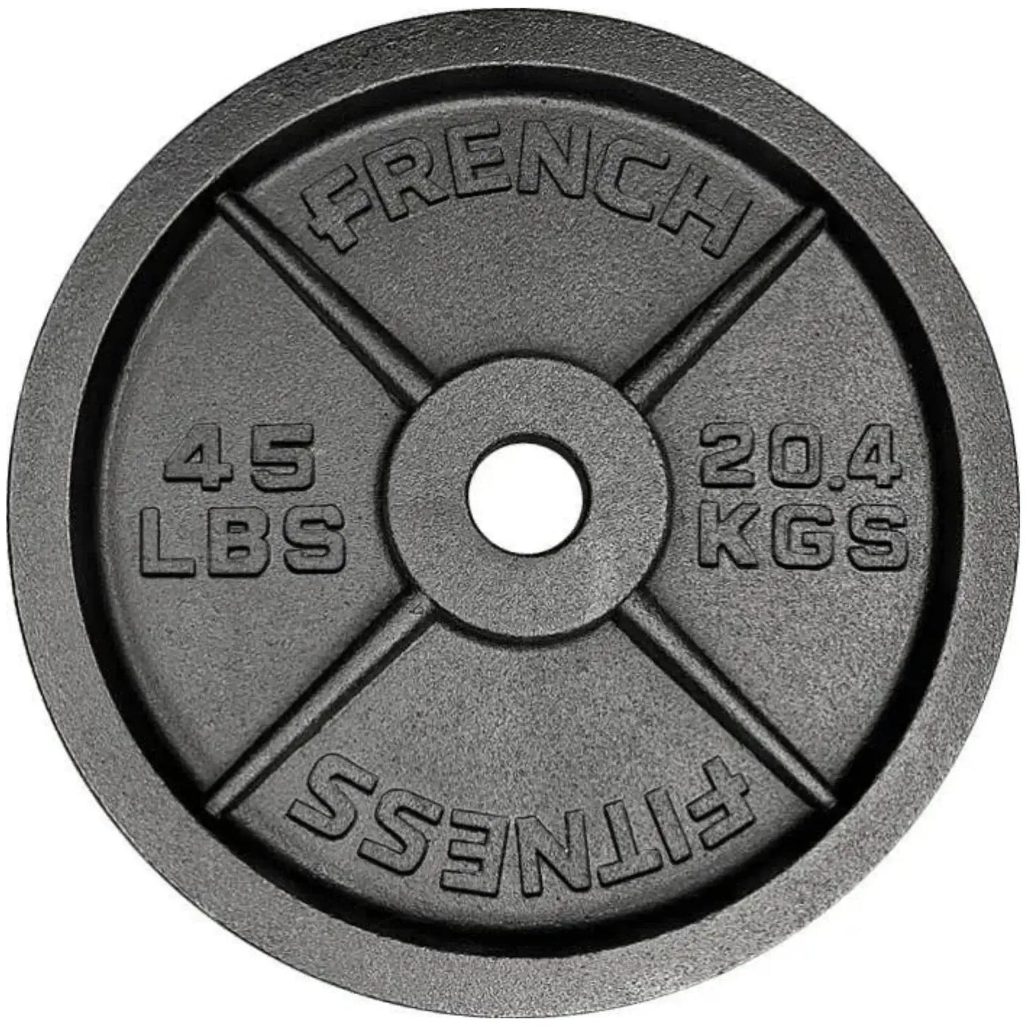 French Fitness - Cast Iron Olympic Weight Plate V1 Set w/7 ft Olympic Bar 395 lbs (New) - Side View