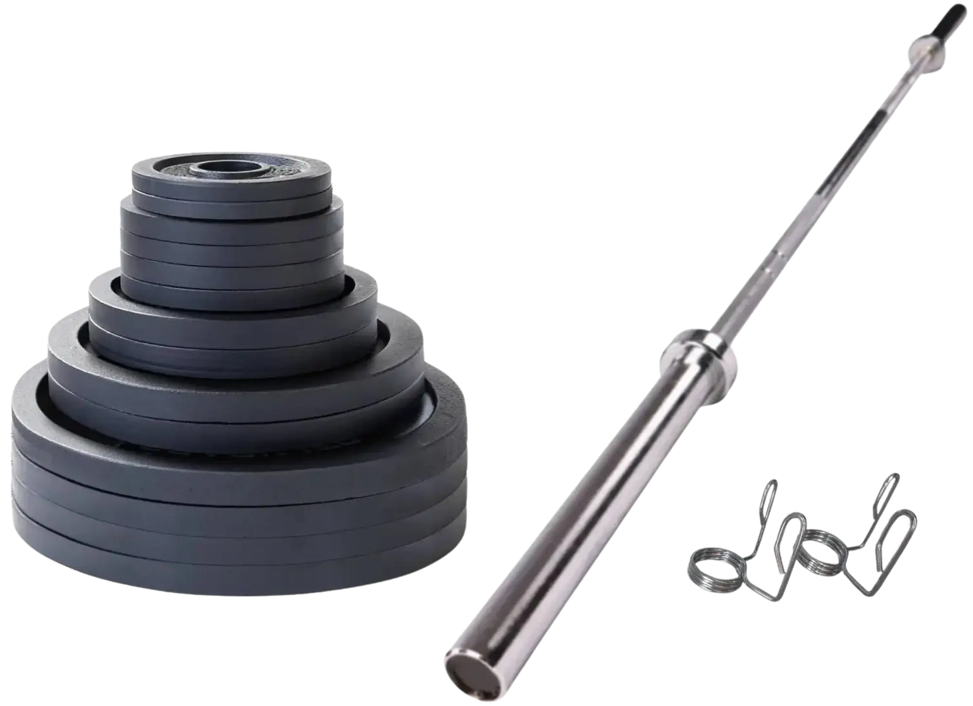 French Fitness - Cast Iron Olympic Weight Plate V1 Set w/7 ft Olympic Bar 395 lbs (New) - Front View