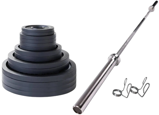 French Fitness - Cast Iron Olympic Weight Plate V1 Set w/7 ft Olympic Bar 395 lbs (New) - Front View