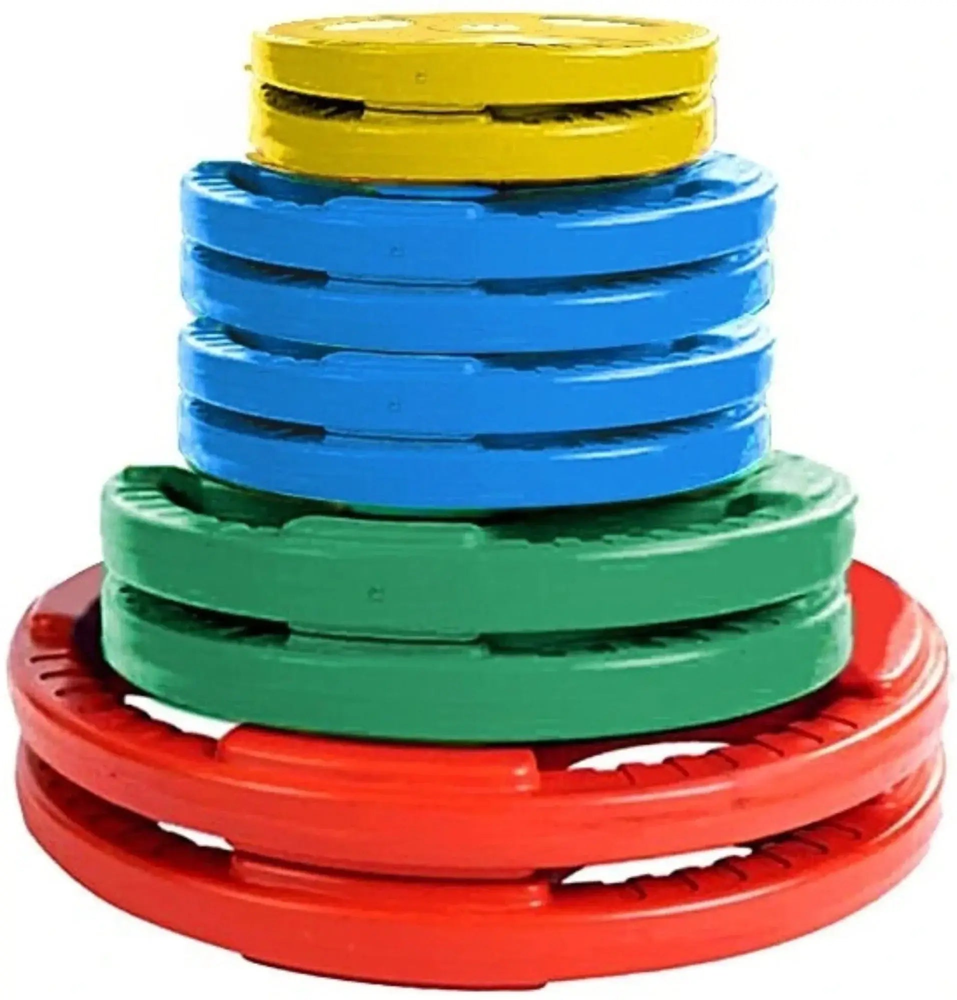 French Fitness Colored Rubber Grip Weight Plate Set w/7 ft Olympic Bar 235 lbs (New) Image 2