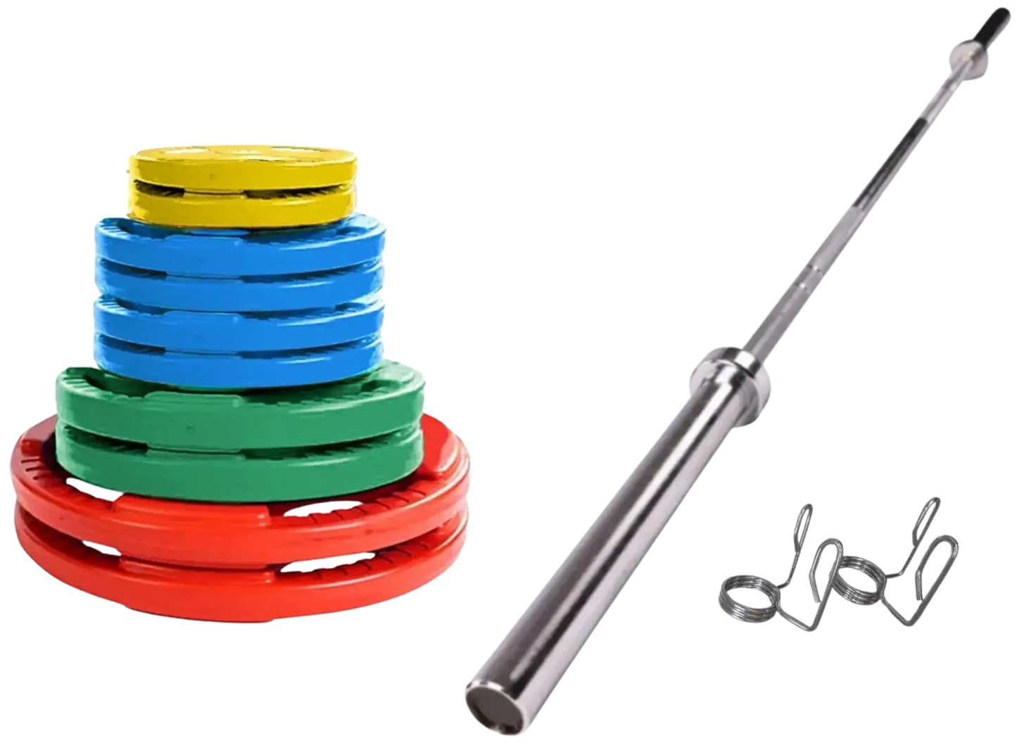 French Fitness Colored Rubber Grip Weight Plate Set w/7 ft Olympic Bar 235 lbs (New) Image