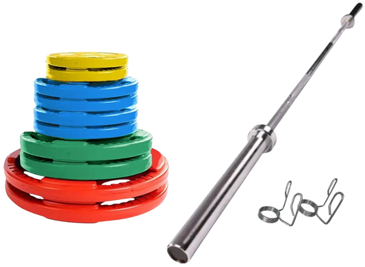 French Fitness Colored Rubber Grip Weight Plate Set w/7 ft Olympic Bar 235 lbs (New) Image