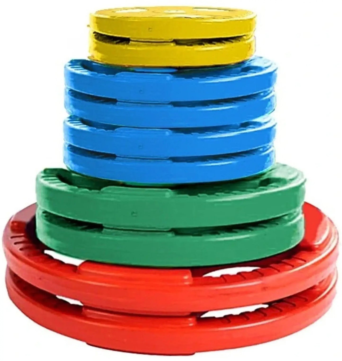 French Fitness Colored Rubber Grip Weight Plate Set w/7 ft Olympic Bar 235 lbs + Bench (New) Image 2