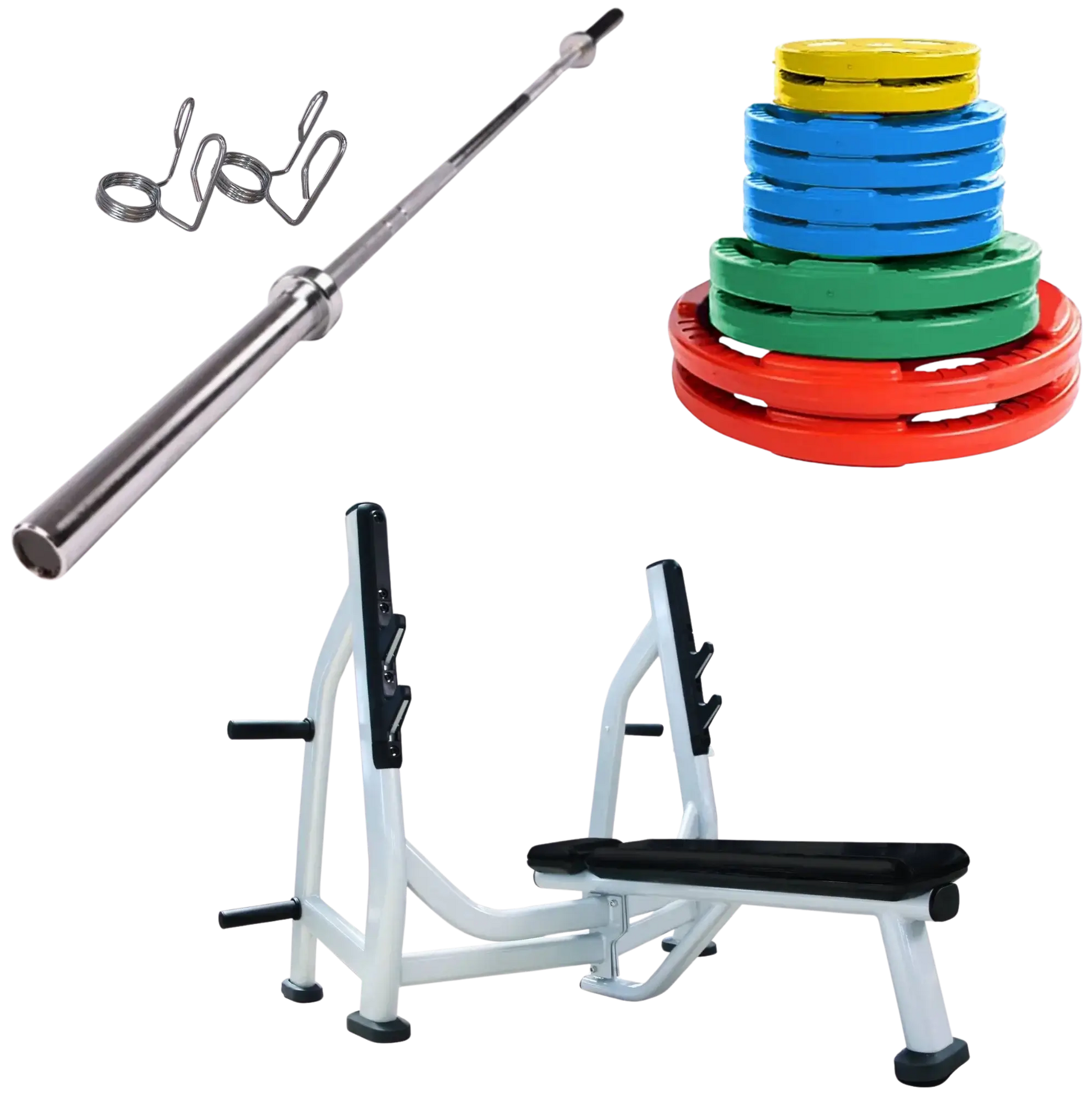 French Fitness Colored Rubber Grip Weight Plate Set w/7 ft Olympic Bar 235 lbs + Bench (New) Image