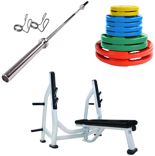 French Fitness Colored Rubber Grip Weight Plate Set w/7 ft Olympic Bar 235 lbs + Bench (New) Image