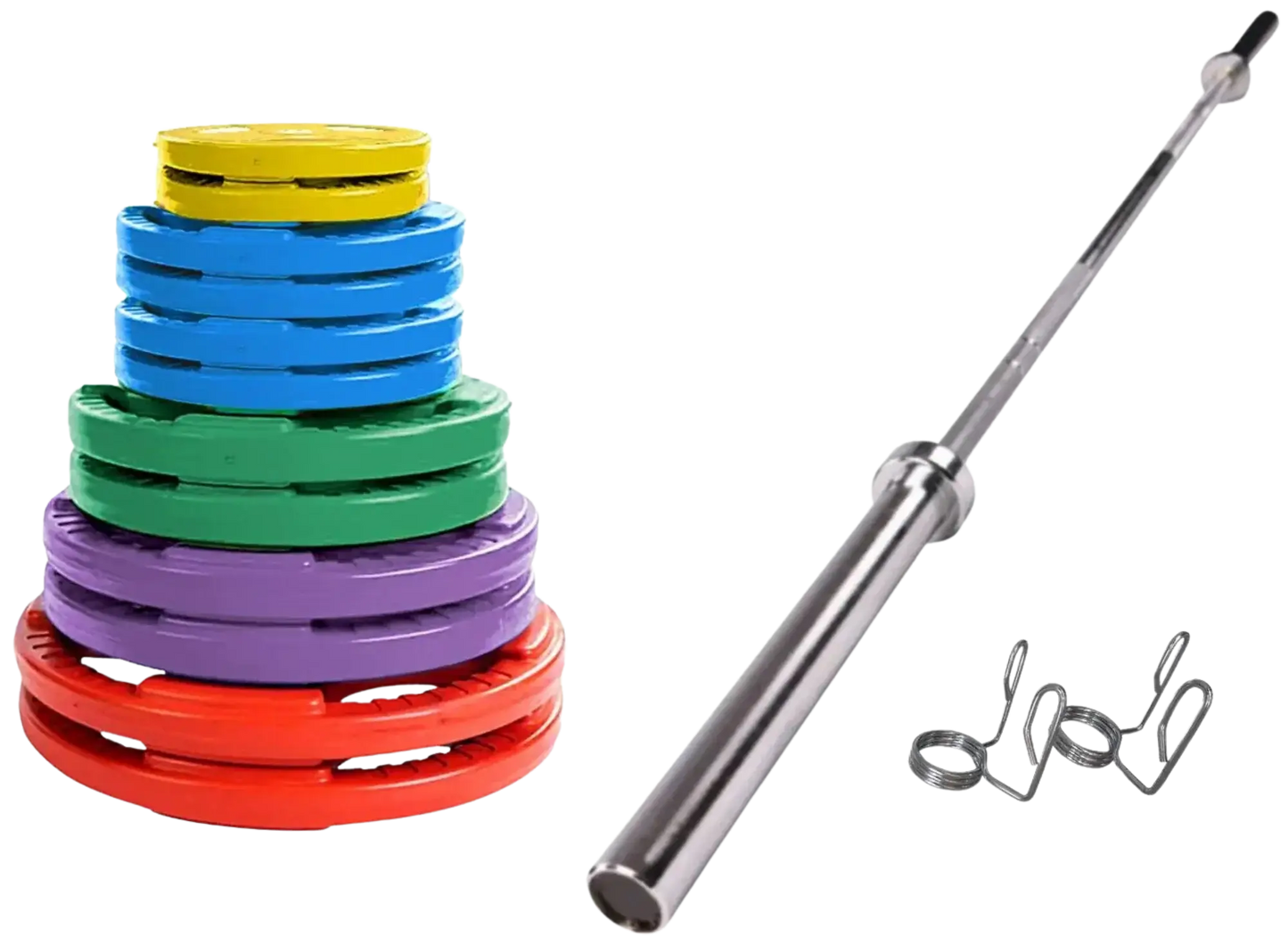 French Fitness Colored Rubber Grip Weight Plate Set w/7 ft Olympic Bar 305 lbs (New) Image