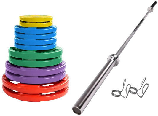 French Fitness Colored Rubber Grip Weight Plate Set w/7 ft Olympic Bar 305 lbs (New) Image