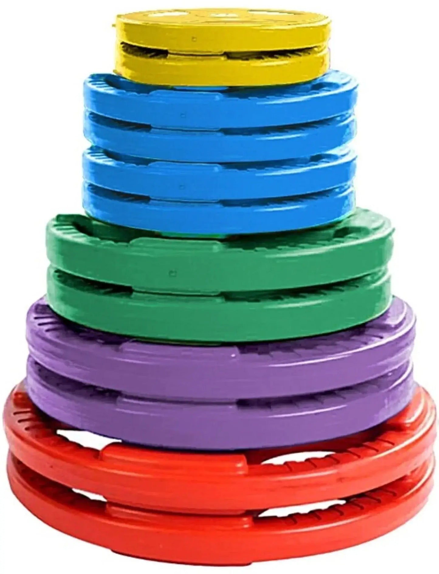 French Fitness Colored Rubber Grip Weight Plate Set w/7 ft Olympic Bar 305 lbs + Bench (New) Image 2