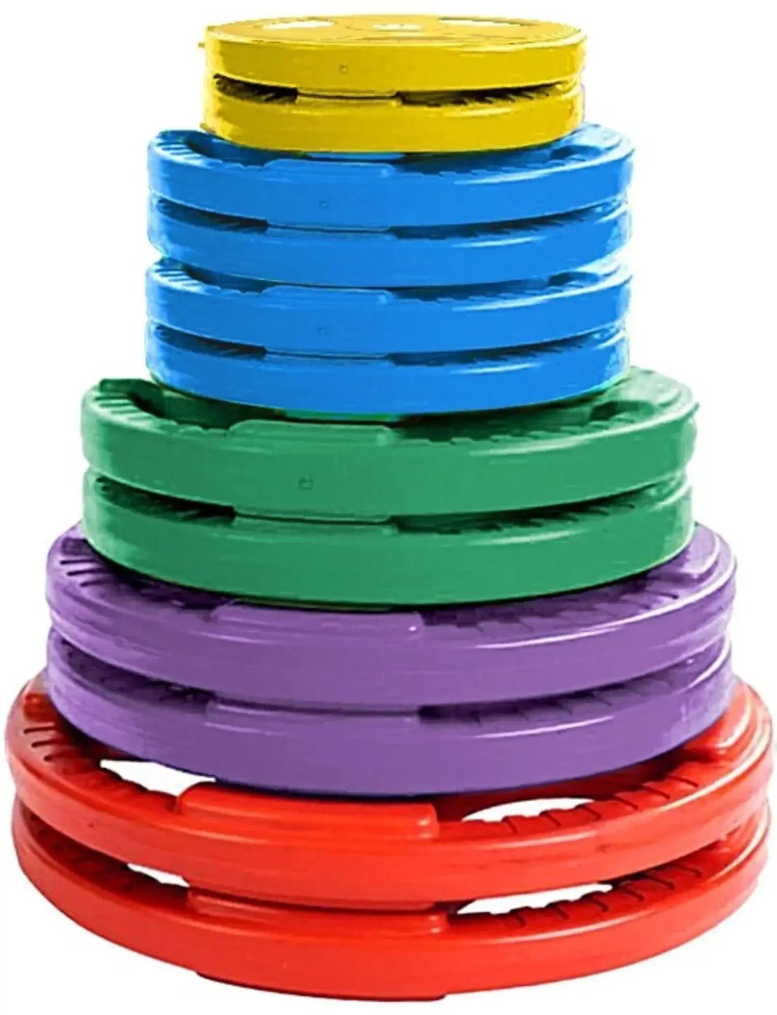 French Fitness Colored Rubber Grip Weight Plate Set w/7 ft Olympic Bar 305 lbs + Bench (New) Image 2