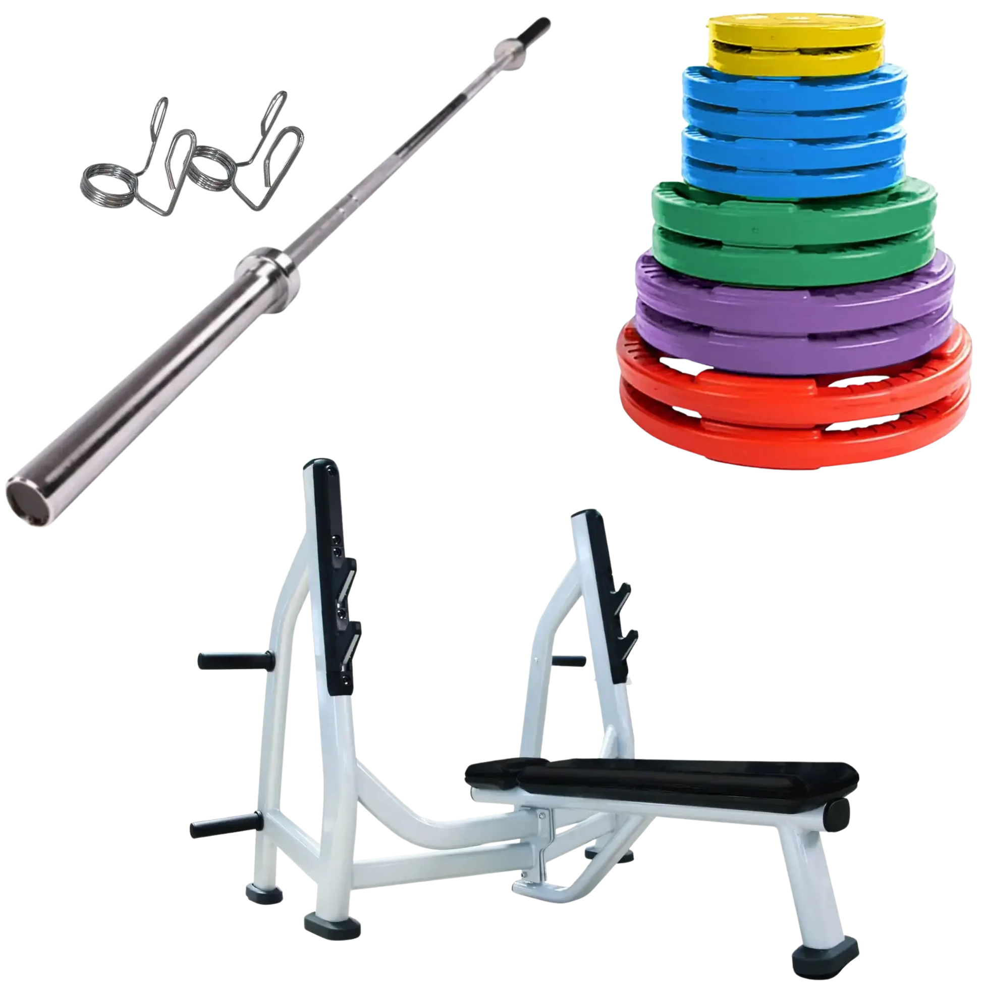 French Fitness Colored Rubber Grip Weight Plate Set w/7 ft Olympic Bar 305 lbs + Bench (New) Image