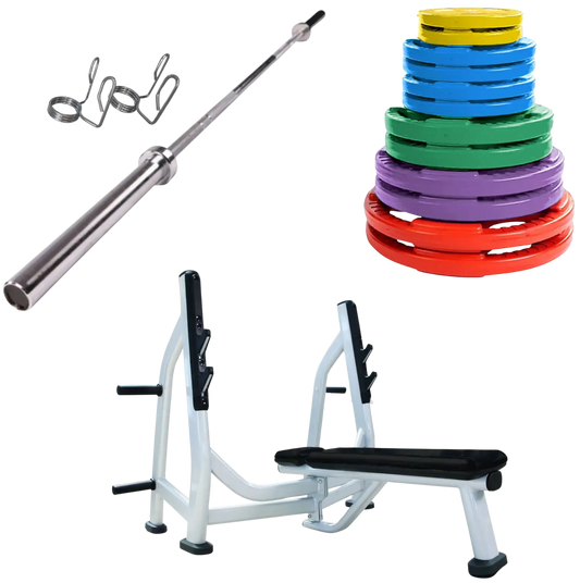 French Fitness Colored Rubber Grip Weight Plate Set w/7 ft Olympic Bar 305 lbs + Bench (New) Image