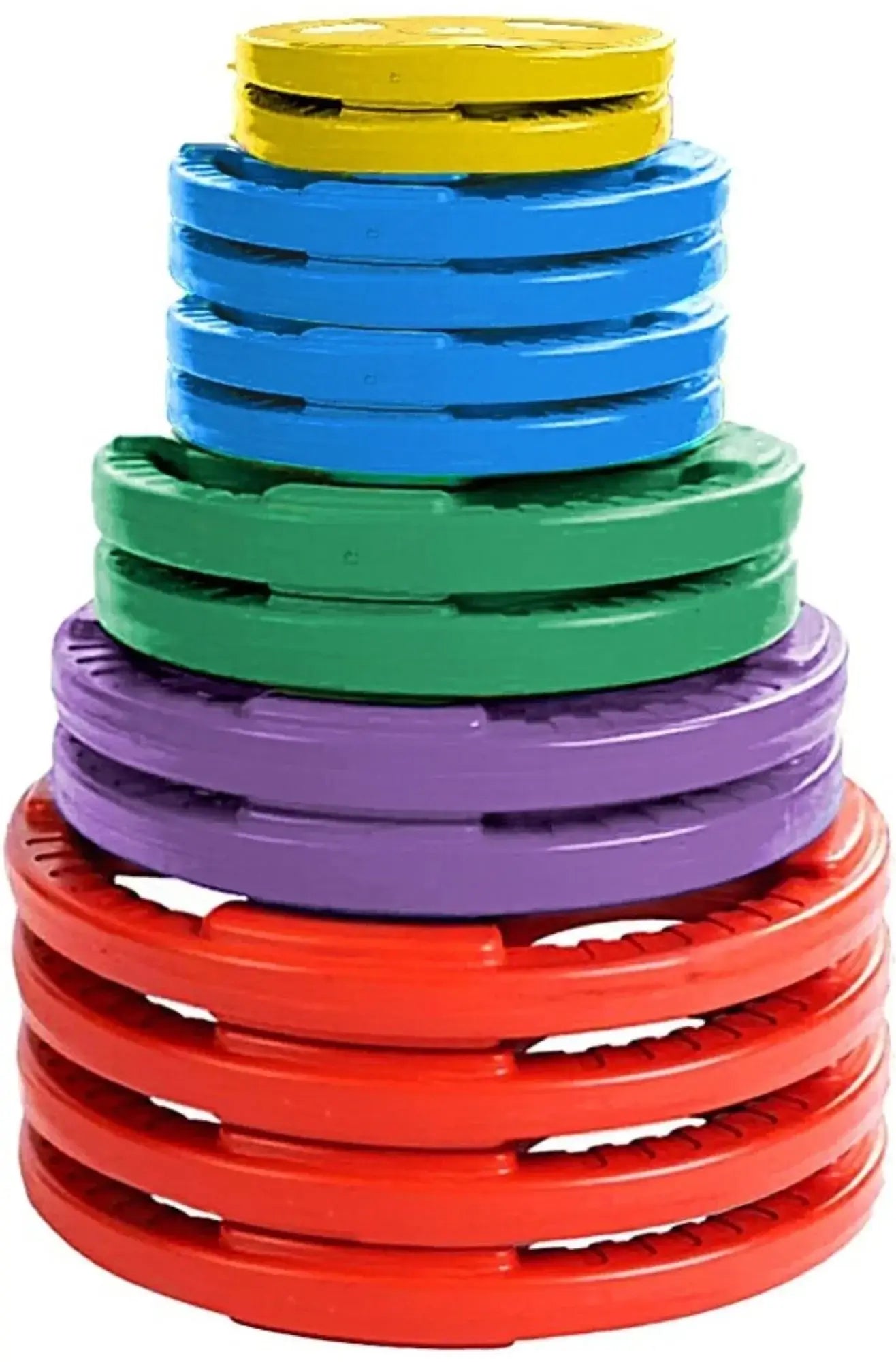 French Fitness Colored Rubber Grip Weight Plate Set w/7 ft Olympic Bar 395 lbs (New) Image 2