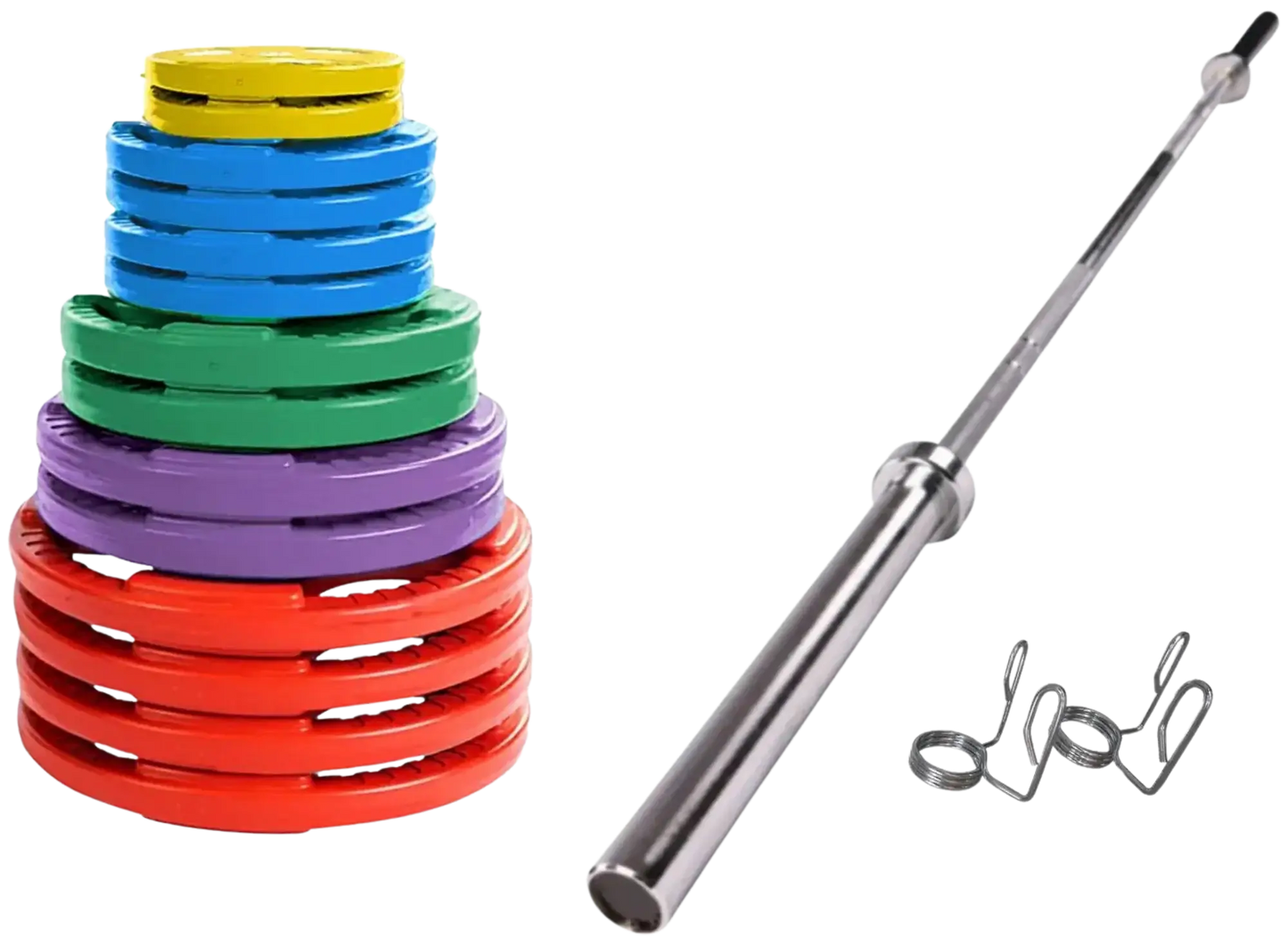 French Fitness Colored Rubber Grip Weight Plate Set w/7 ft Olympic Bar 395 lbs (New) Image