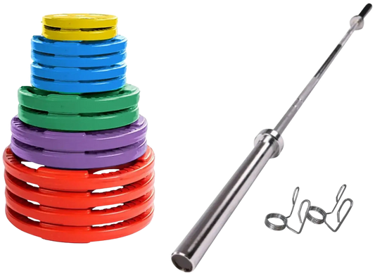 French Fitness Colored Rubber Grip Weight Plate Set w/7 ft Olympic Bar 395 lbs (New) Image