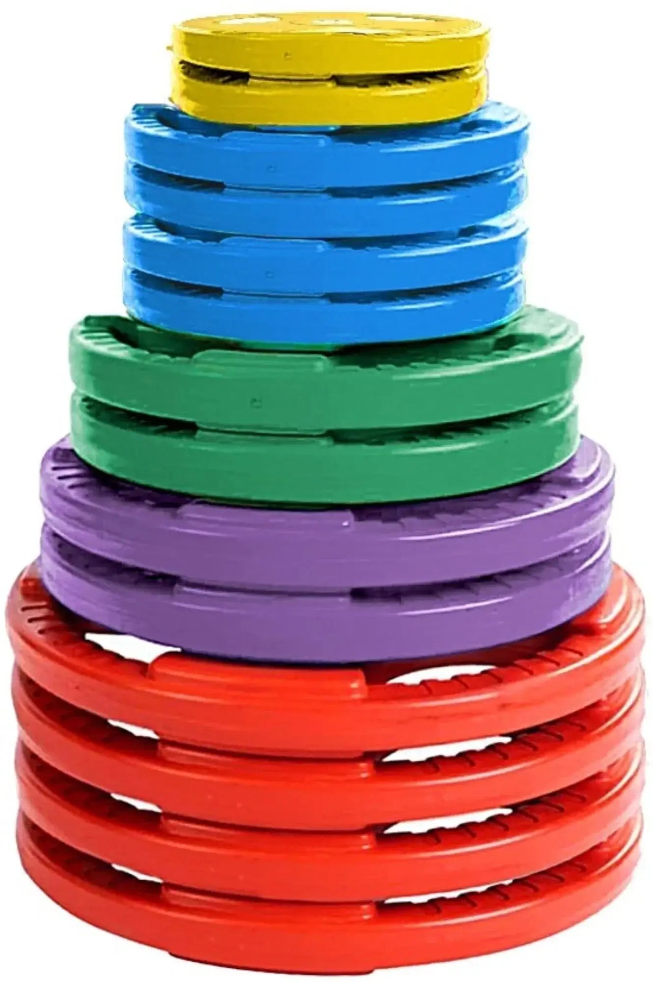 French Fitness Colored Rubber Grip Weight Plate Set w/7 ft Olympic Bar 395 lbs + Bench (New) Image 2