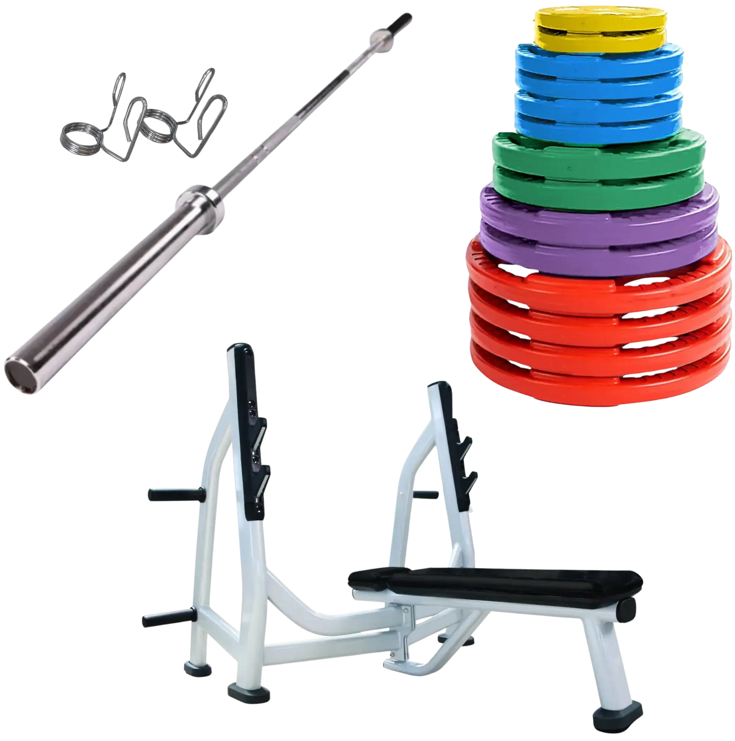 French Fitness Colored Rubber Grip Weight Plate Set w/7 ft Olympic Bar 395 lbs + Bench (New) Image