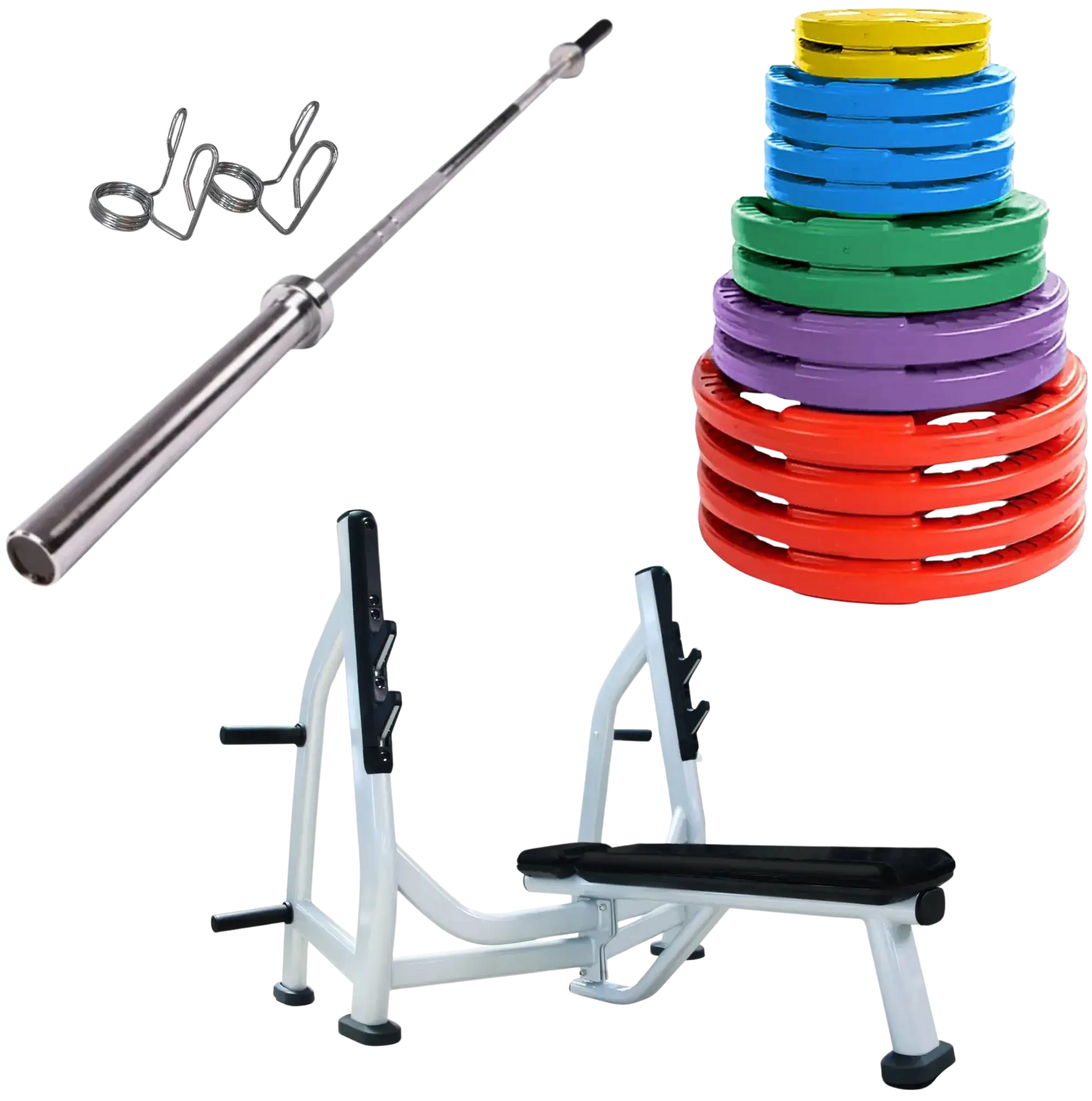 French Fitness Colored Rubber Grip Weight Plate Set w/7 ft Olympic Bar 395 lbs + Bench (New) Image