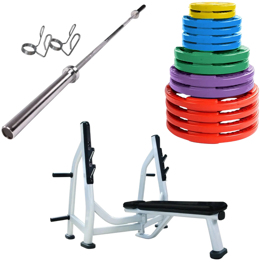 French Fitness Colored Rubber Grip Weight Plate Set w/7 ft Olympic Bar 395 lbs + Bench (New) Image