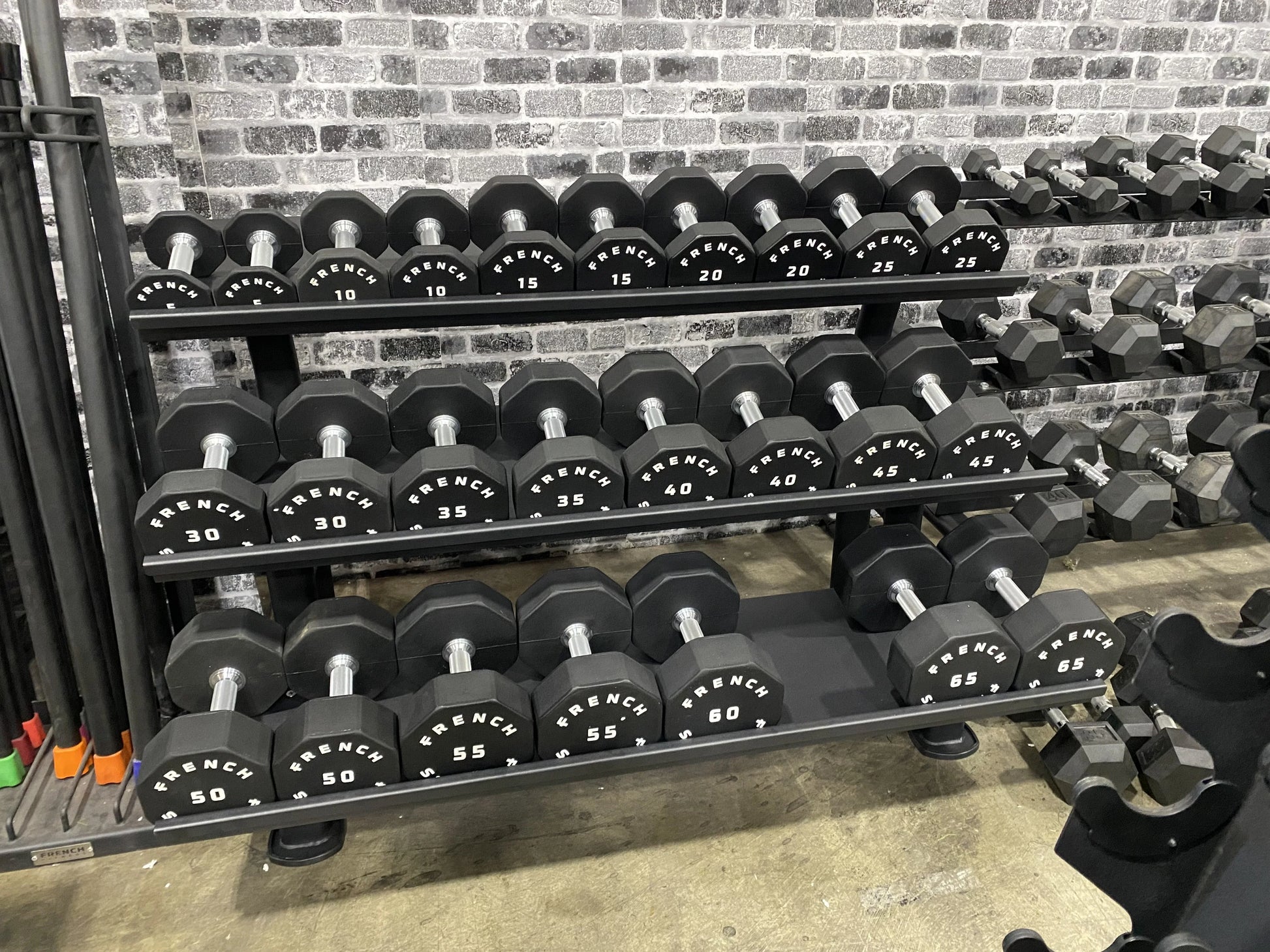 French Fitness FF-HDR 3 Tier Hex Dumbbell Rack w/Urethane Hex Dumbbells 5-65 lb Front View