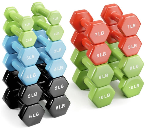 French Fitness Colorful Hex Vinyl Dumbbell Set 1 to 10 lbs w/Rack (New) Image 5
