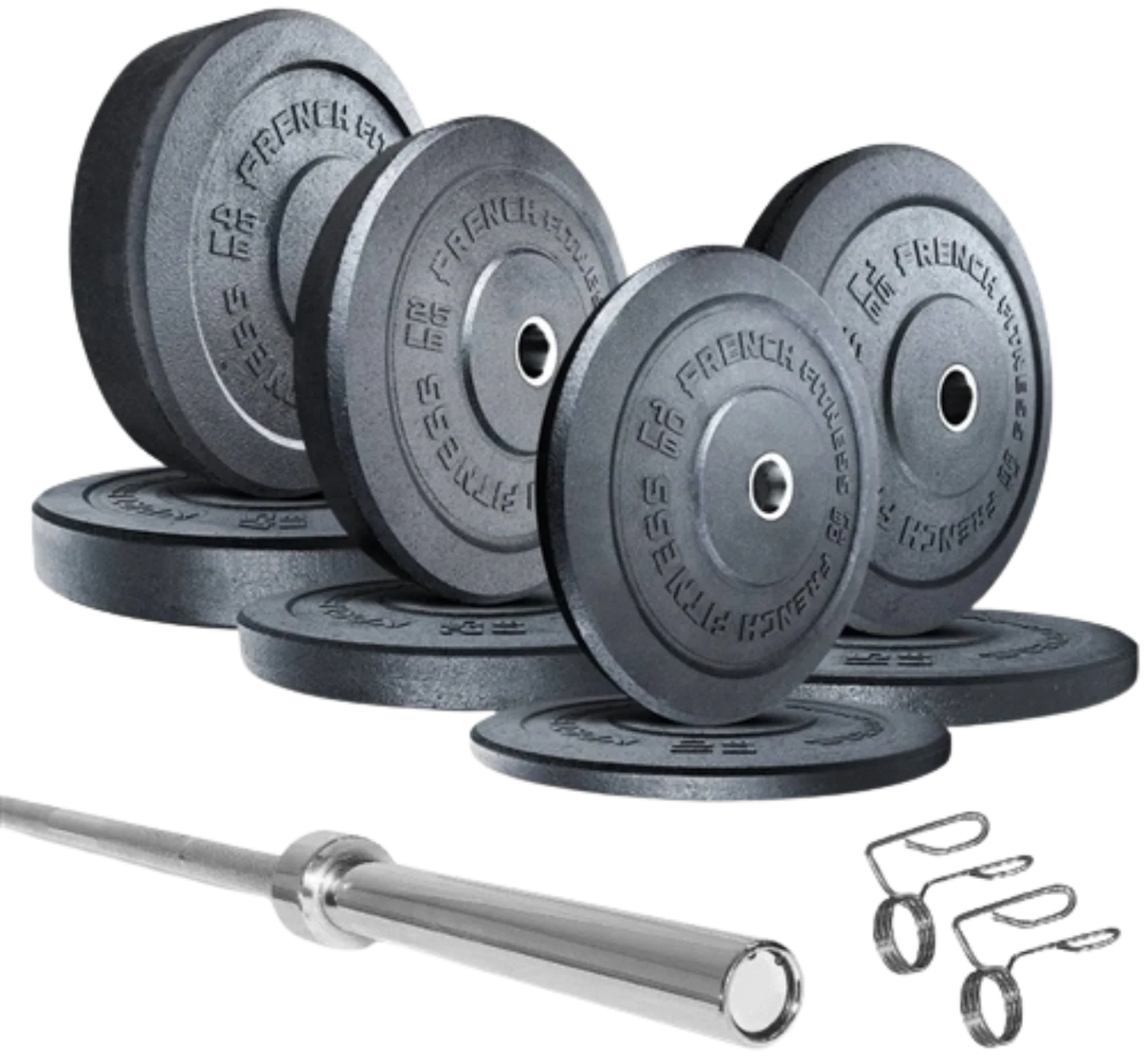 French Fitness Olympic Bumper Plate Set w/7 ft Olympic Bar 235 lbs - Crumb Rubber (New) Image