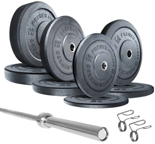 French Fitness Olympic Bumper Plate Set w/7 ft Olympic Bar 235 lbs - Crumb Rubber (New) Image